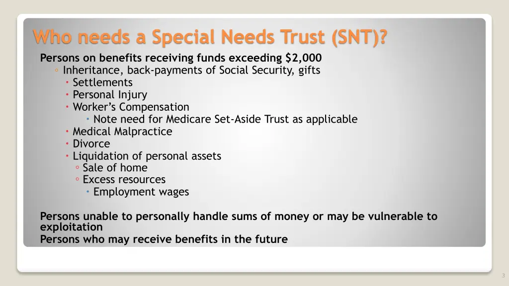 who needs a special needs trust snt persons