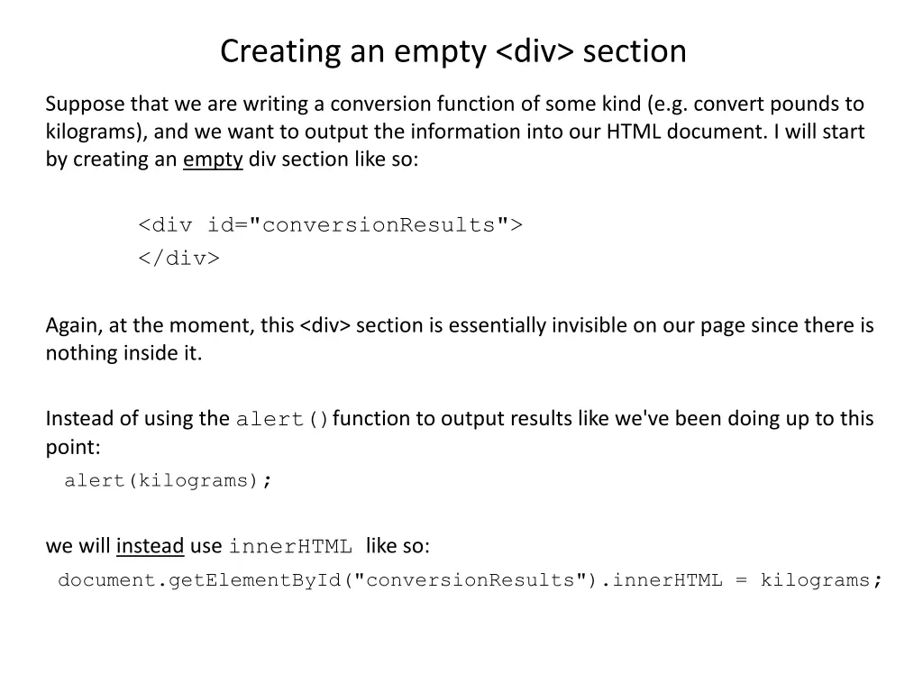creating an empty div section