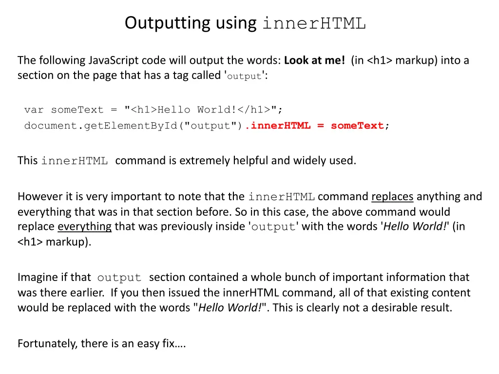 outputting using innerhtml