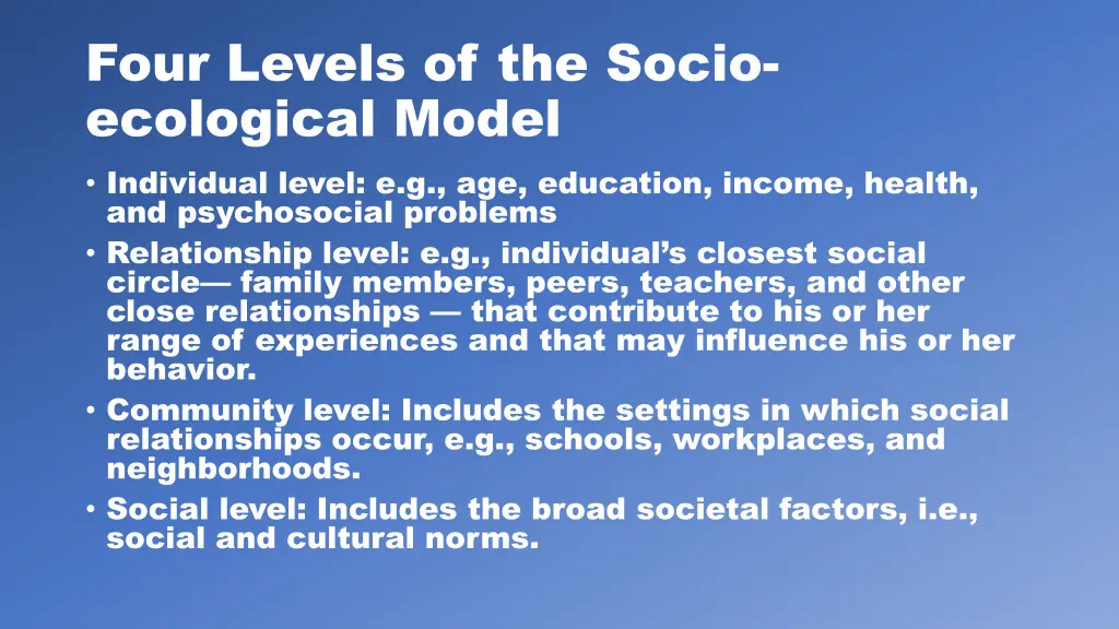 four levels of the socio ecological model