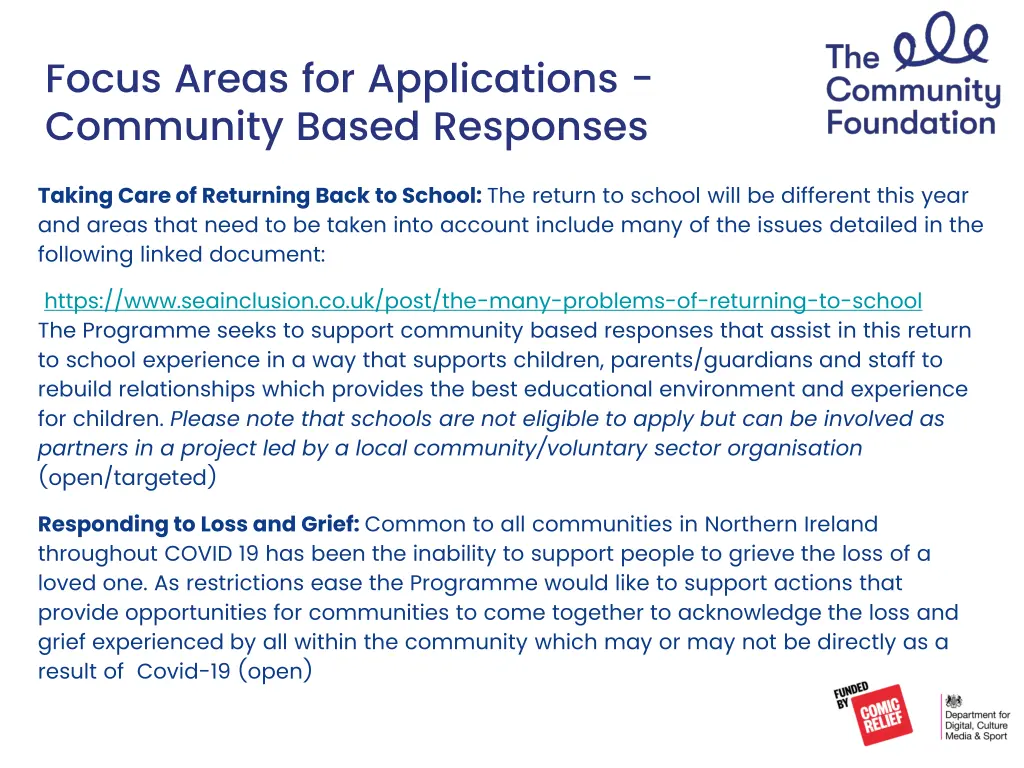 focus areas for applications community based 1
