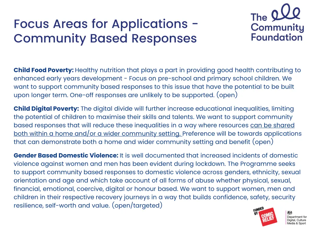 focus areas for applications community based