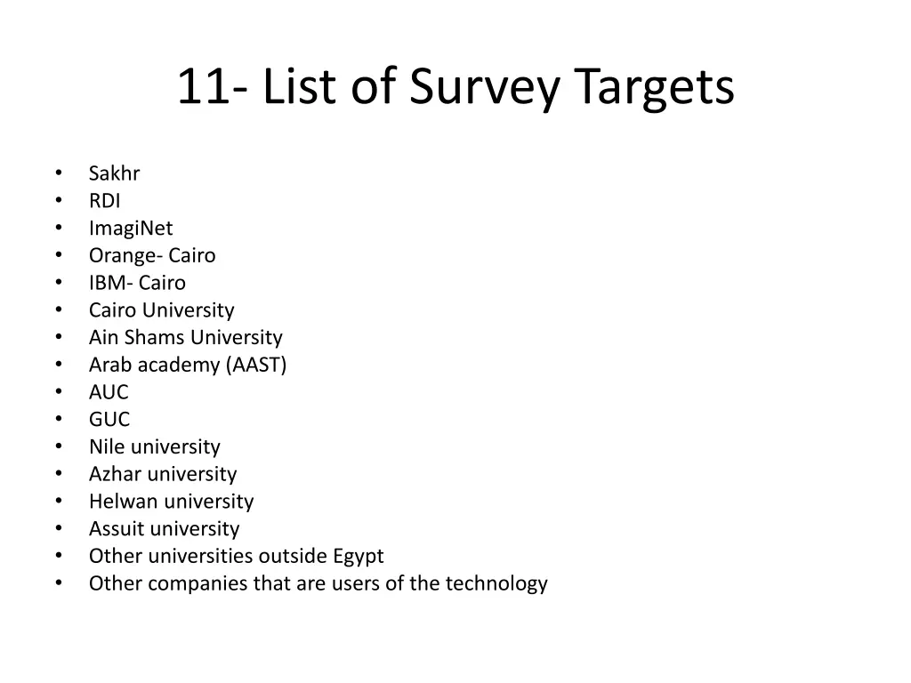 11 list of survey targets
