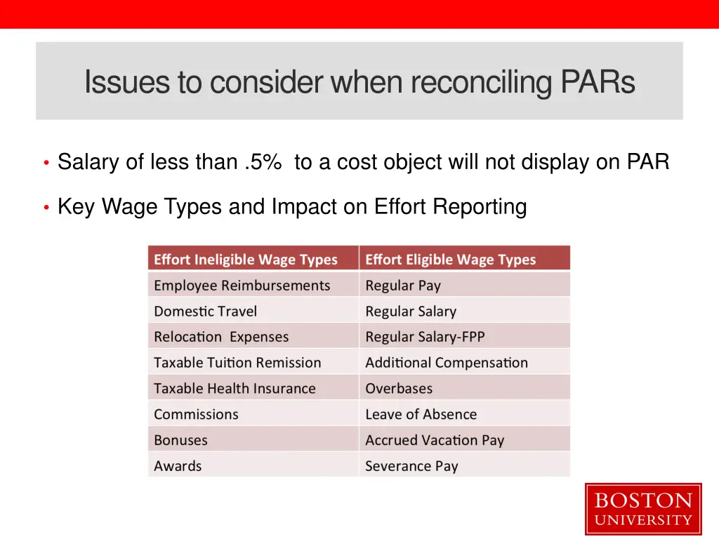 issues to consider when reconciling pars