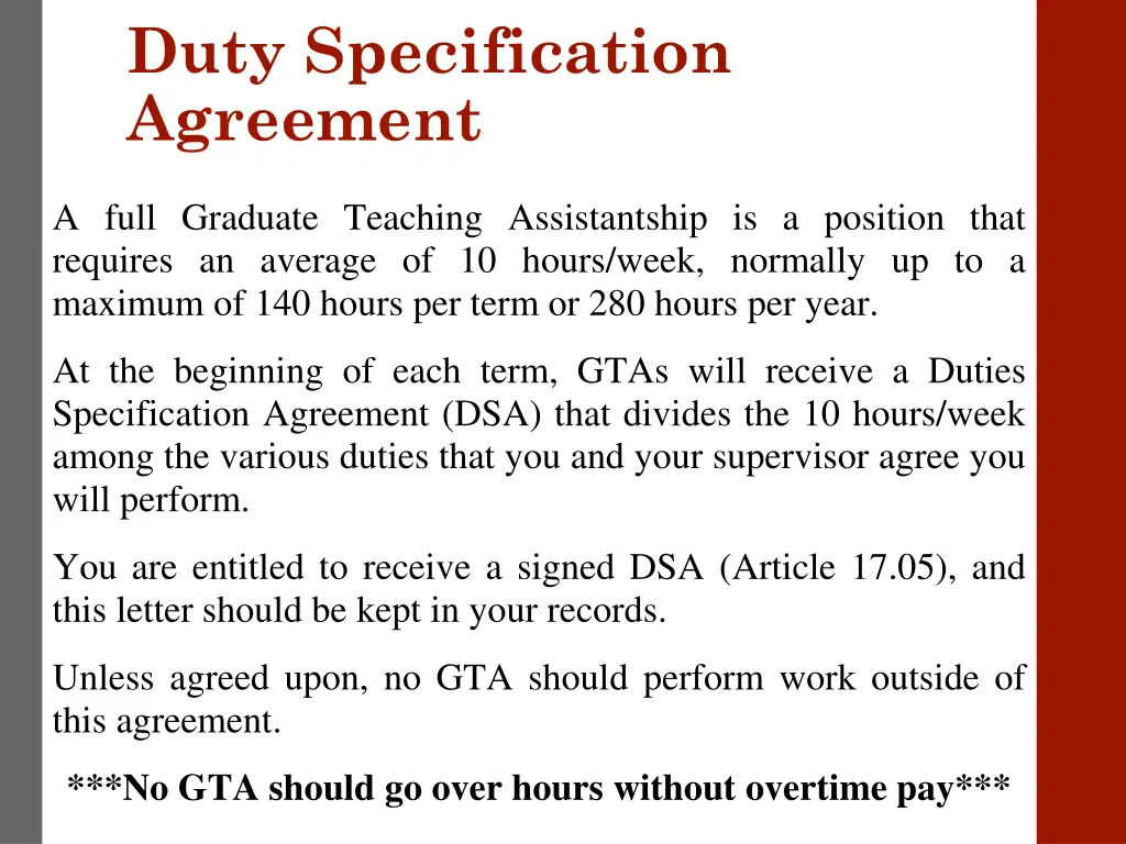 duty specification agreement