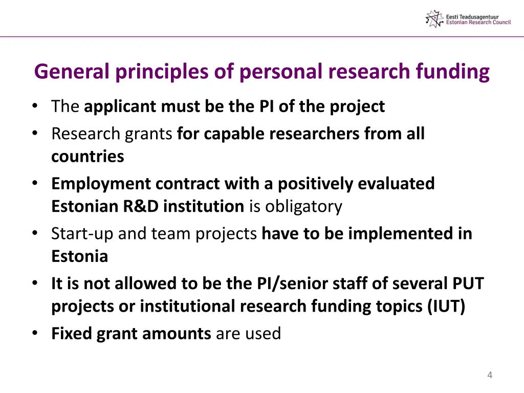 general principles of personal research funding