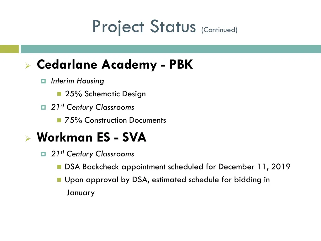 project status continued