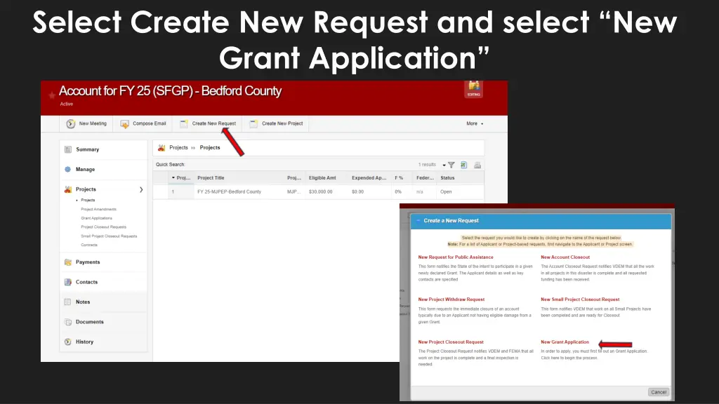 select create new request and select new grant