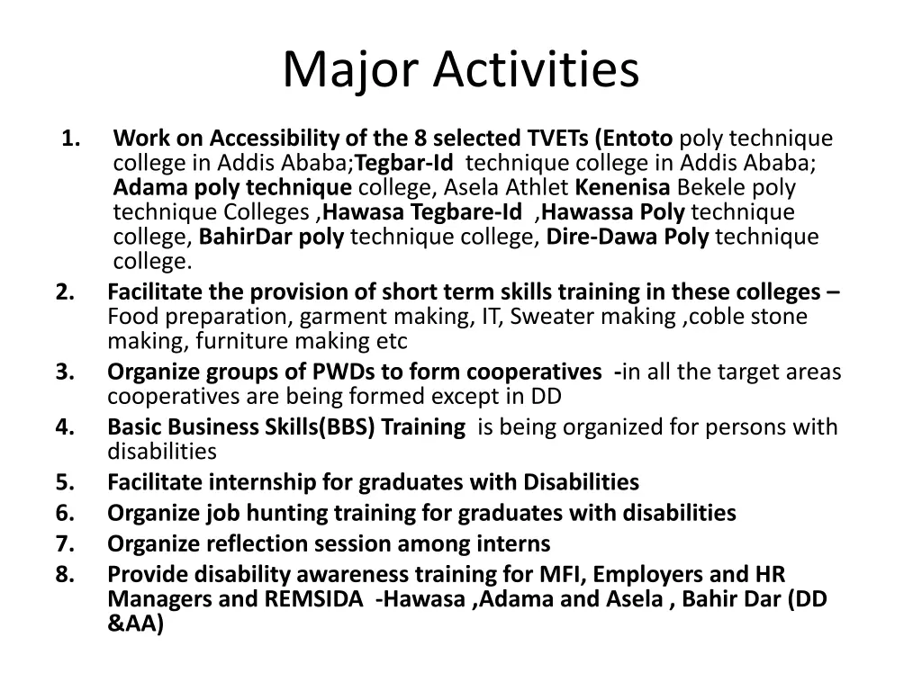 major activities