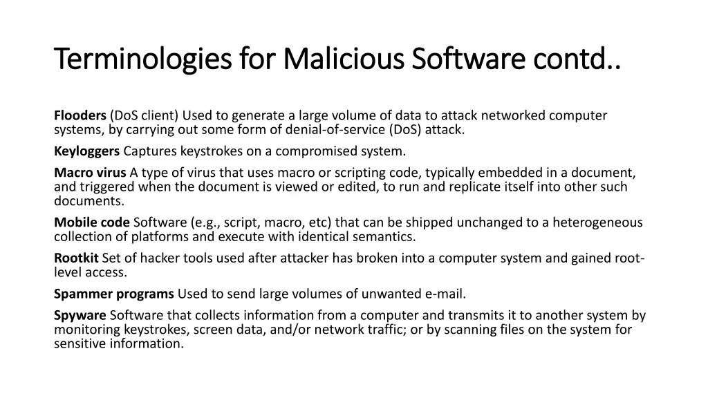 terminologies for malicious software contd