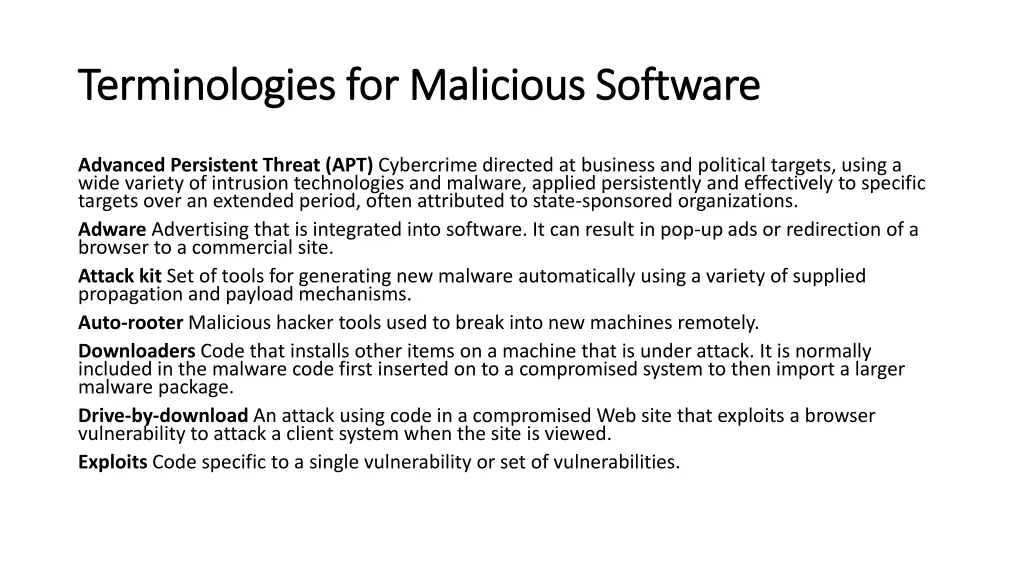 terminologies for malicious software