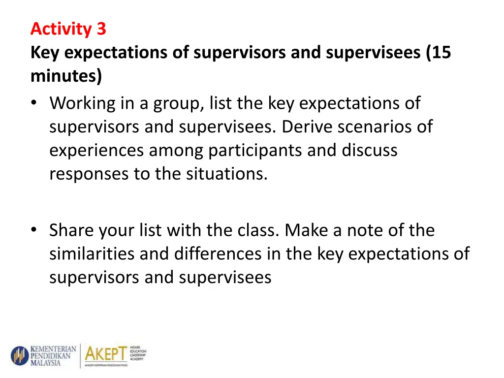 activity 3 key expectations of supervisors