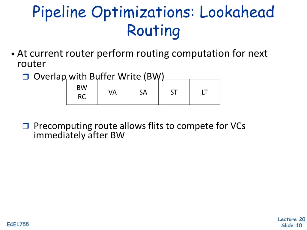 pipeline optimizations lookahead routing