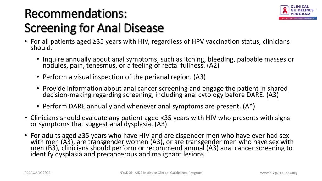 recommendations recommendations screening