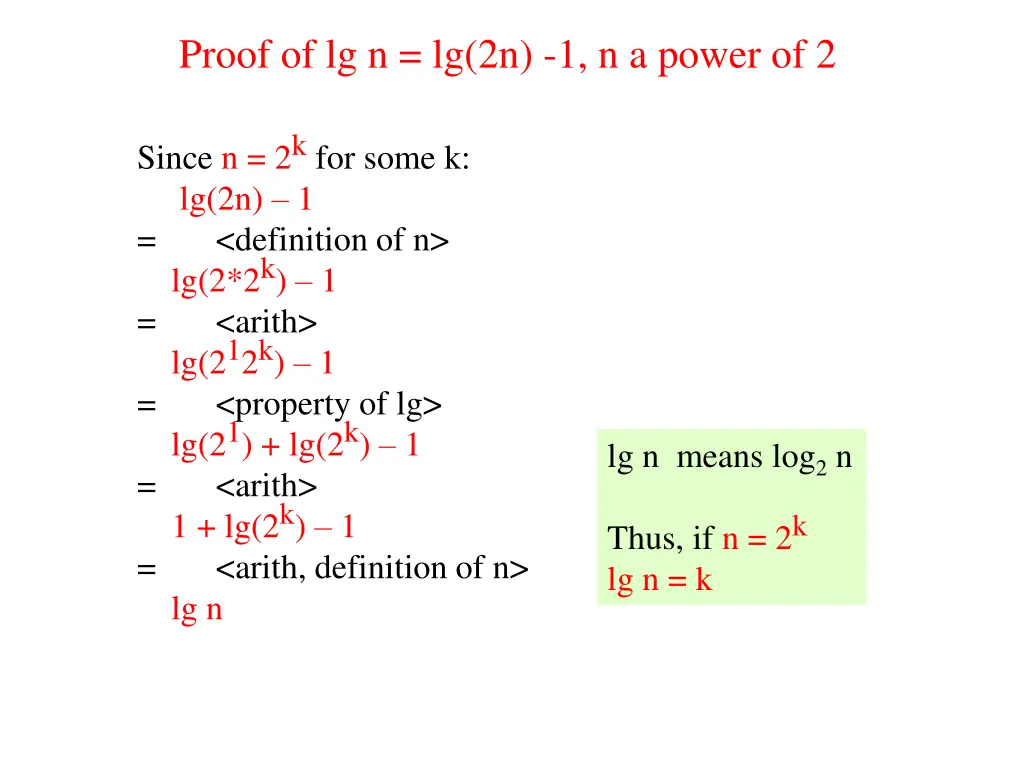 proof of lg n lg 2n 1 n a power of 2