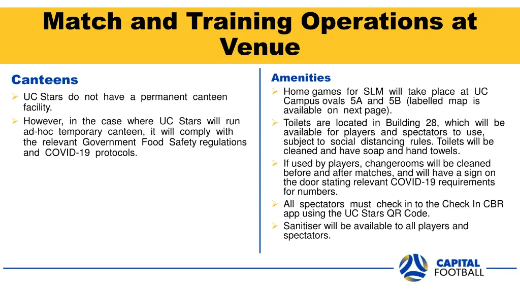 match and training operations at venue 1