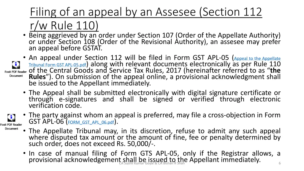 filing of an appeal by an assesee section