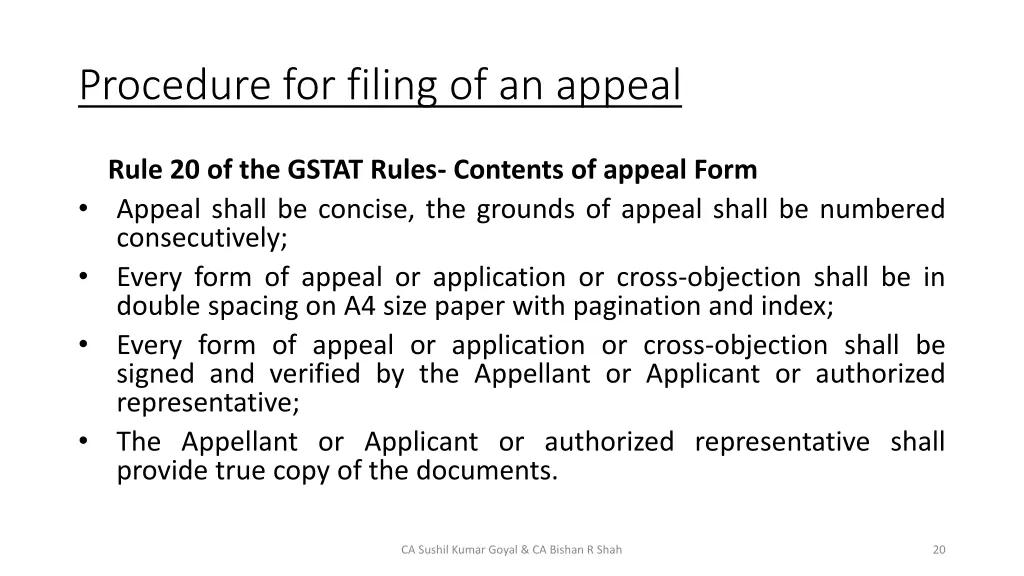 procedure for filing of an appeal