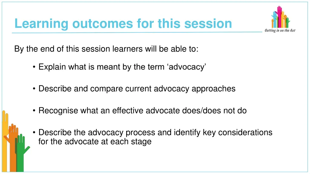 learning outcomes for this session
