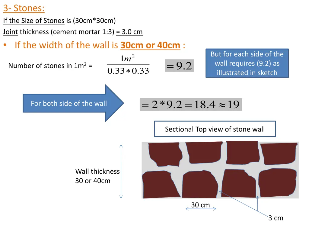 3 stones if the size of stones is 30cm 30cm joint