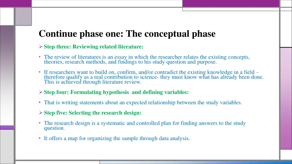 continue phase one the conceptual phase