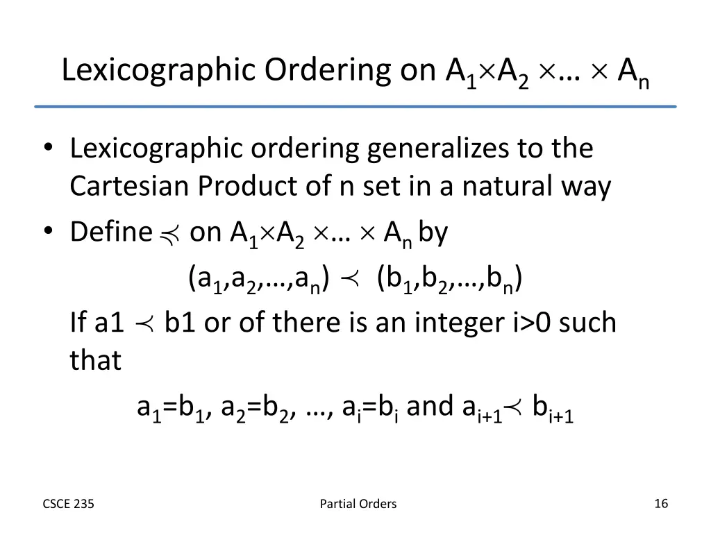 lexicographic ordering on a 1 a 2 a n