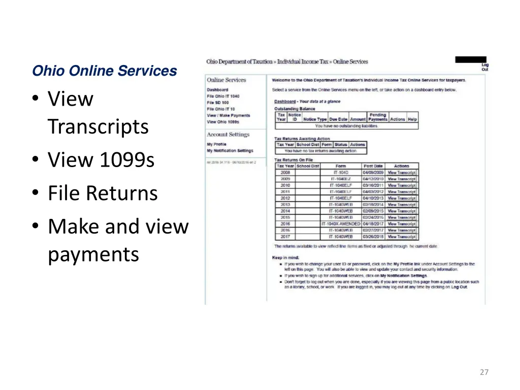 ohio online services view transcripts view 1099s
