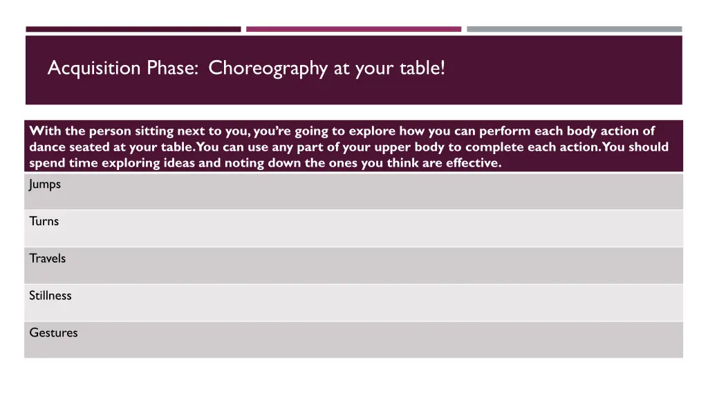 acquisition phase choreography at your table