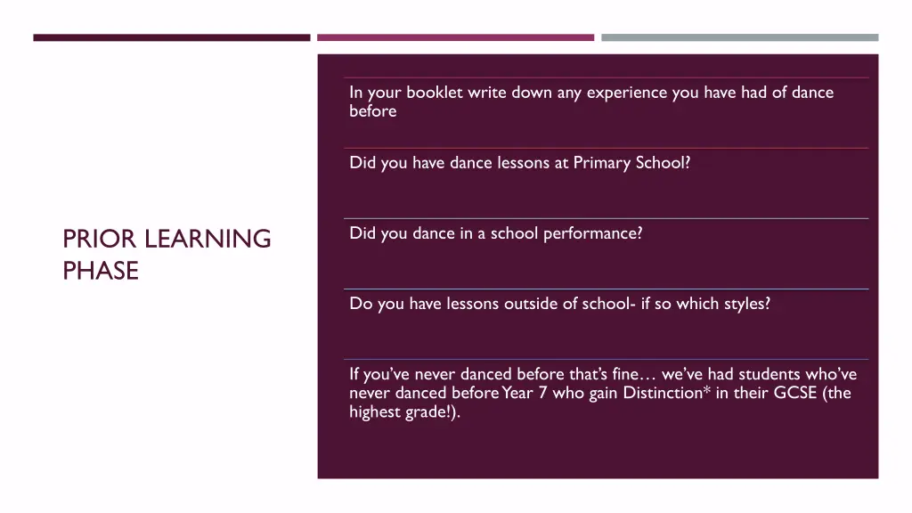 in your booklet write down any experience