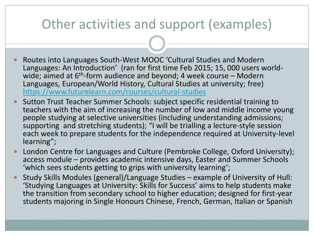 other activities and support examples