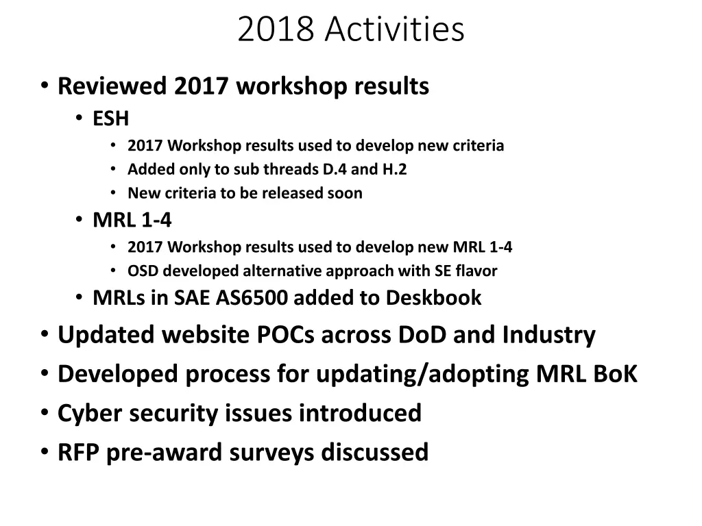 2018 activities