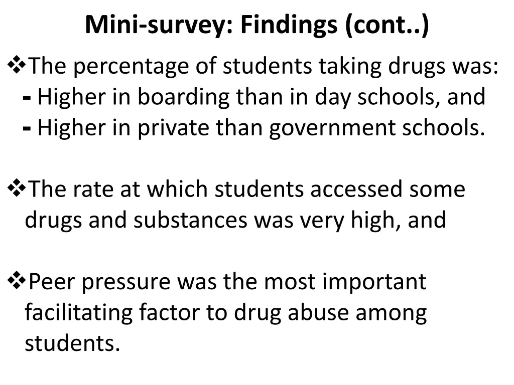 mini survey findings cont the percentage