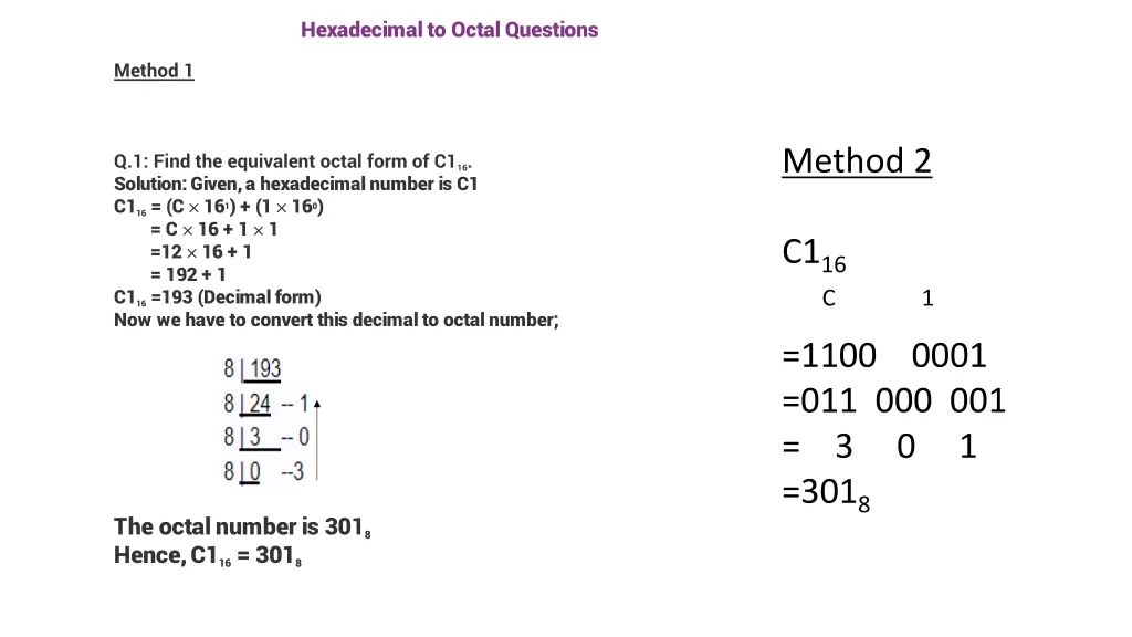 hexadecimal to octal questions