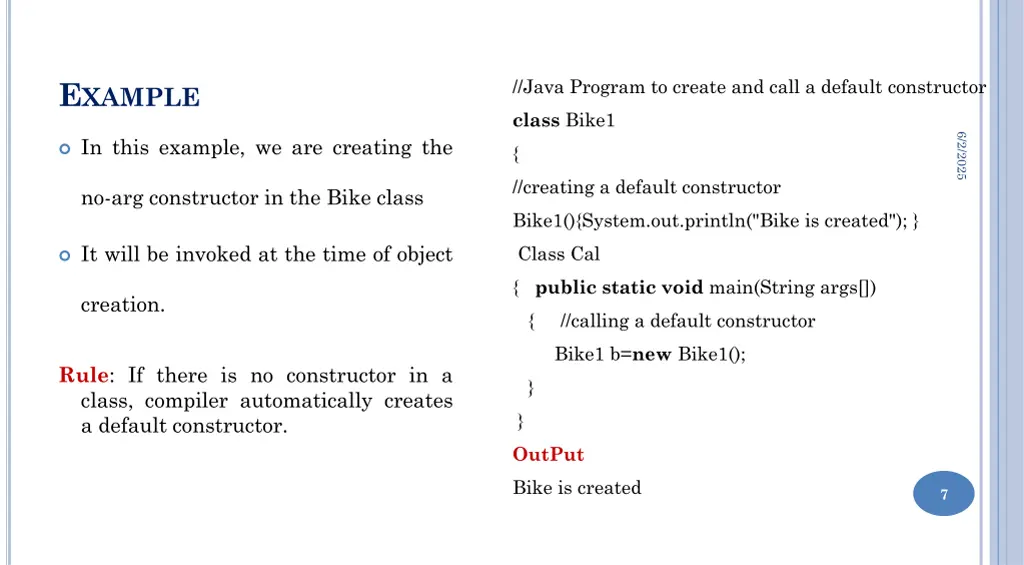 java program to create and call a default