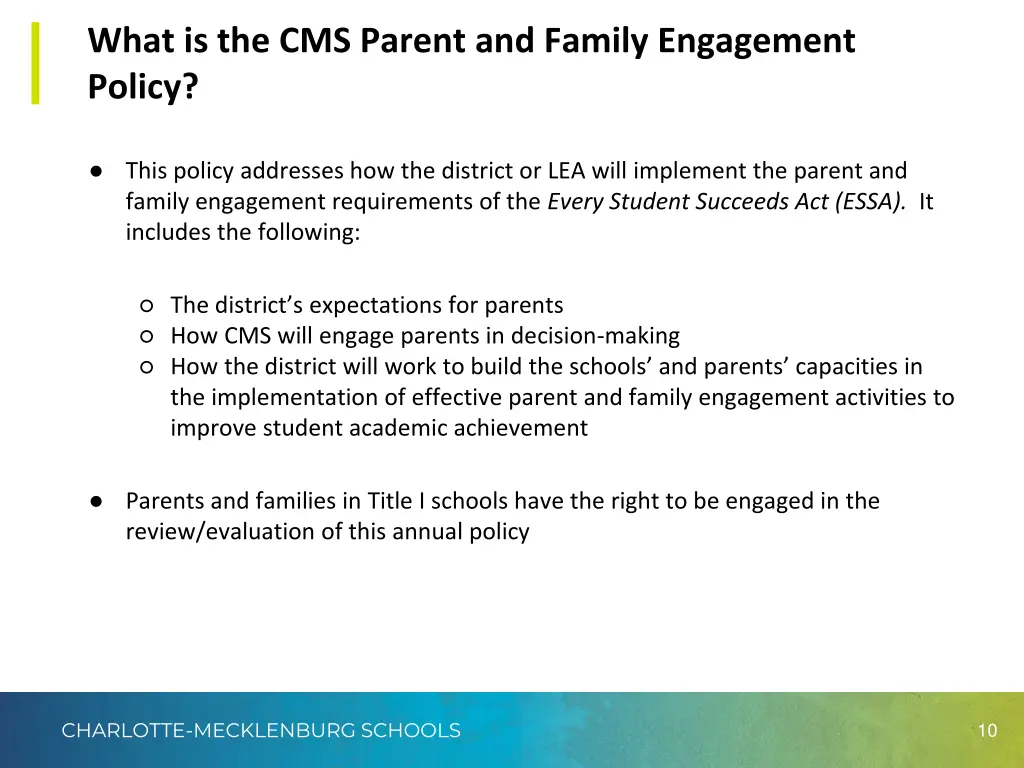 what is the cms parent and family engagement