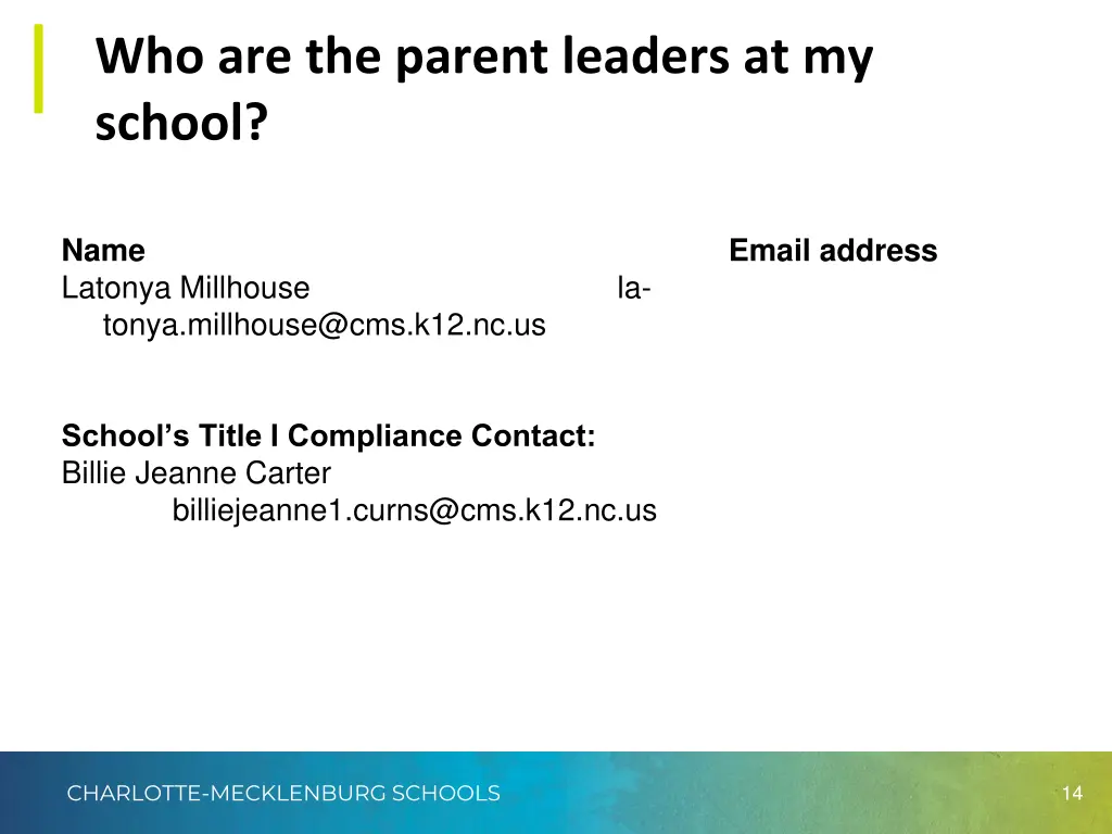 who are the parent leaders at my school