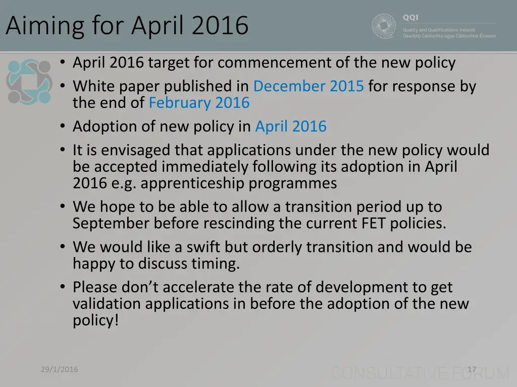 aiming for april 2016