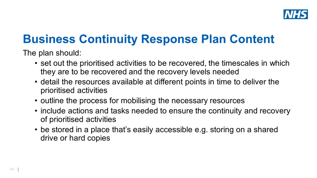 business continuity response plan content