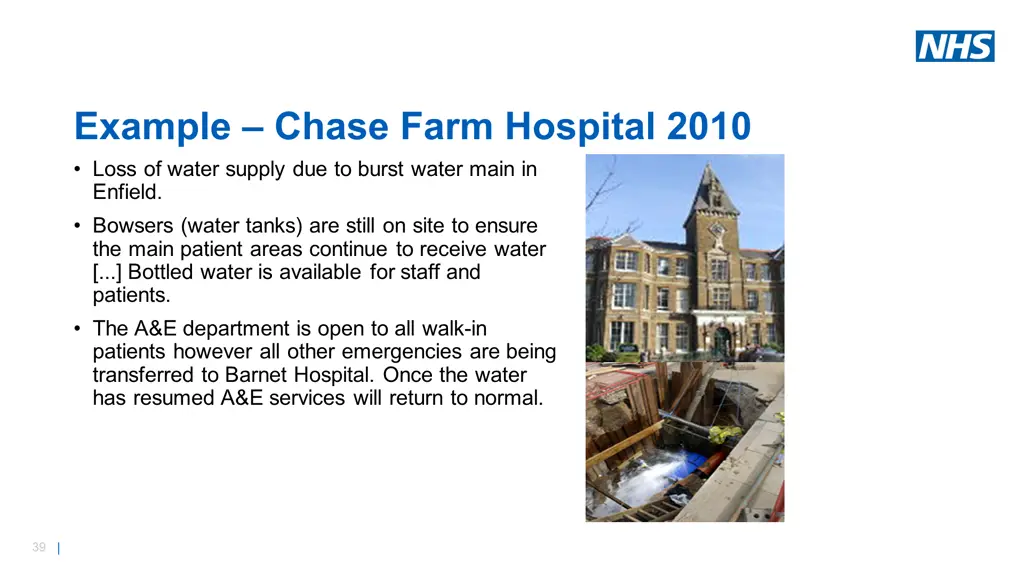 example chase farm hospital 2010 loss of water