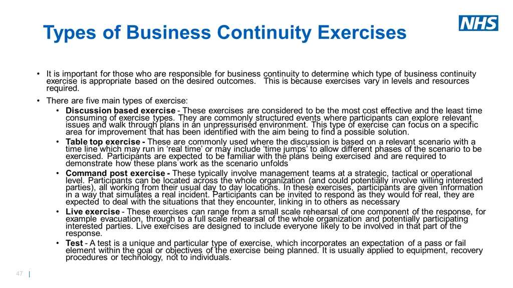 types of business continuity exercises