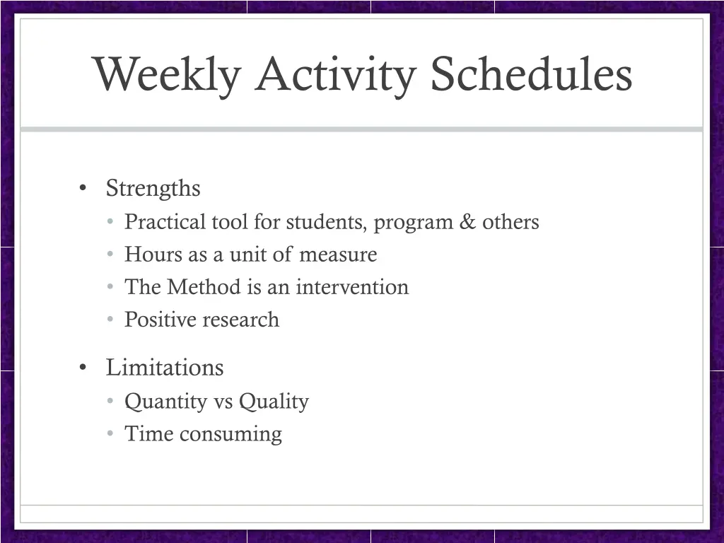 weekly activity schedules