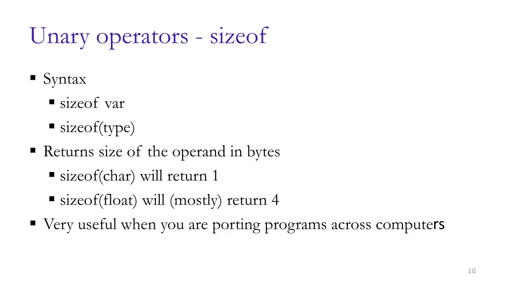unary operators sizeof
