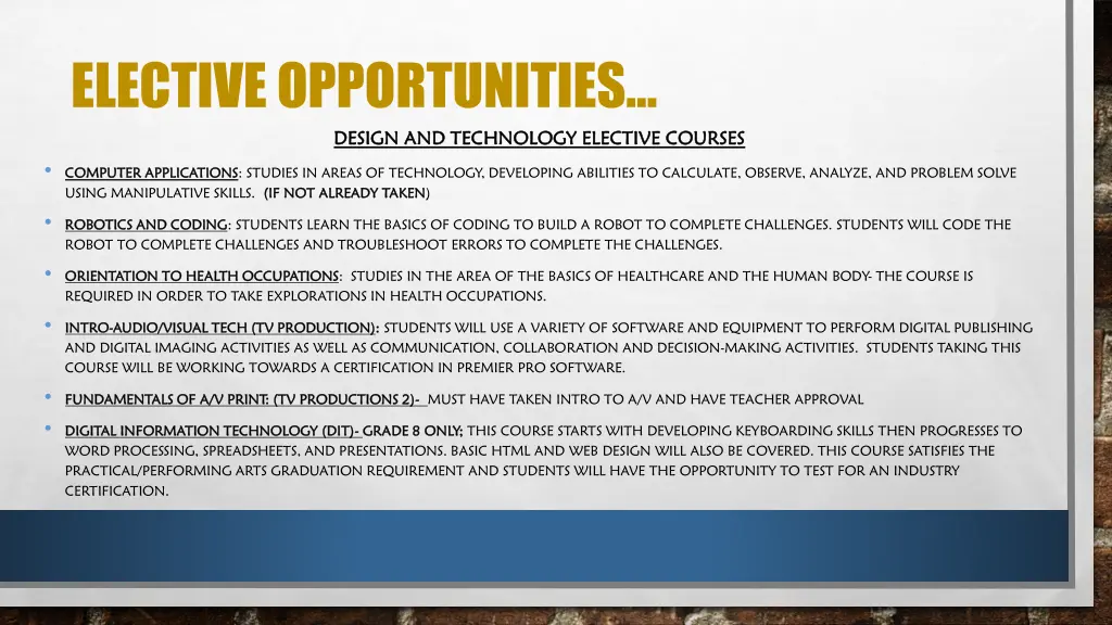 elective opportunities design and technology