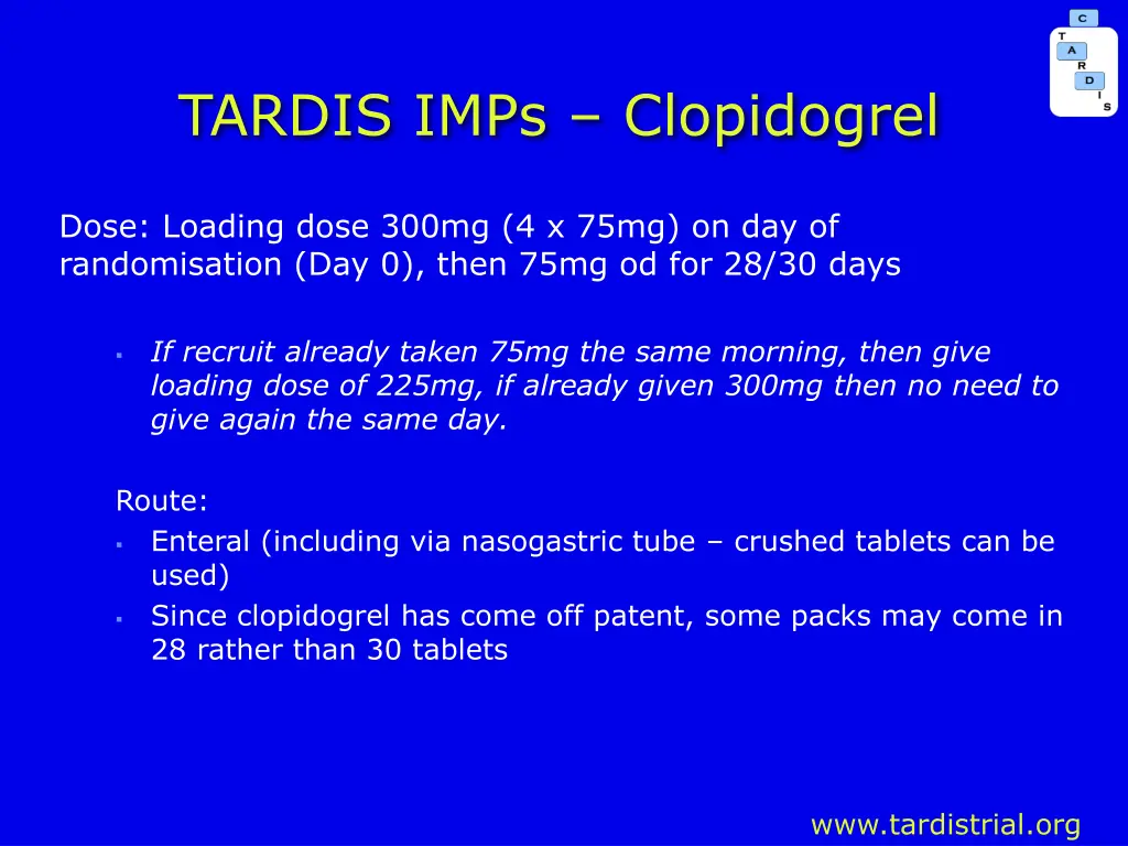 tardis imps clopidogrel