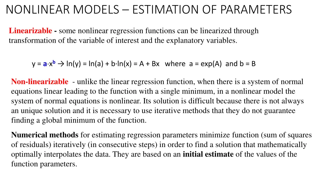 nonlinear models estimation of parameters