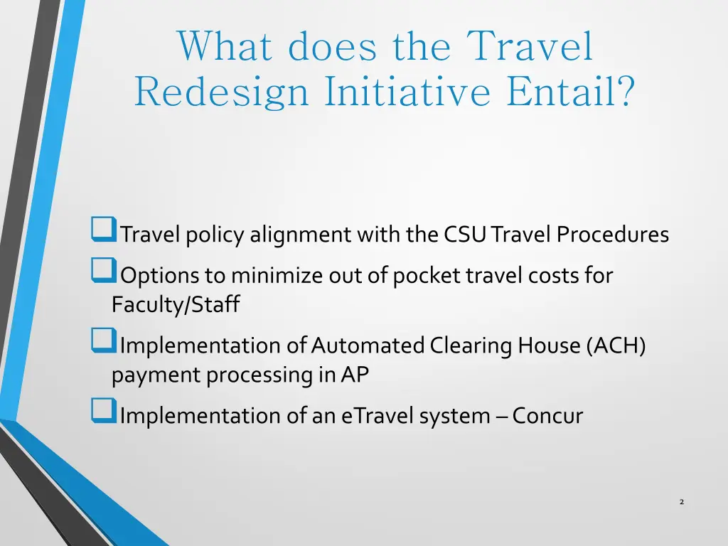 what does the travel redesign initiative entail