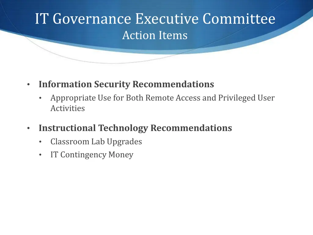 it governance executive committee action items