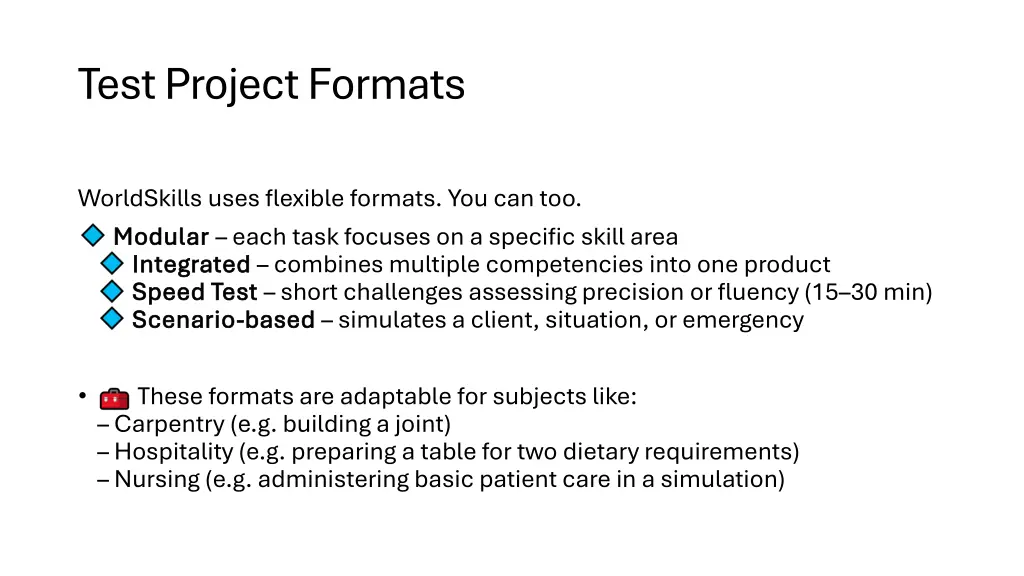 test project formats
