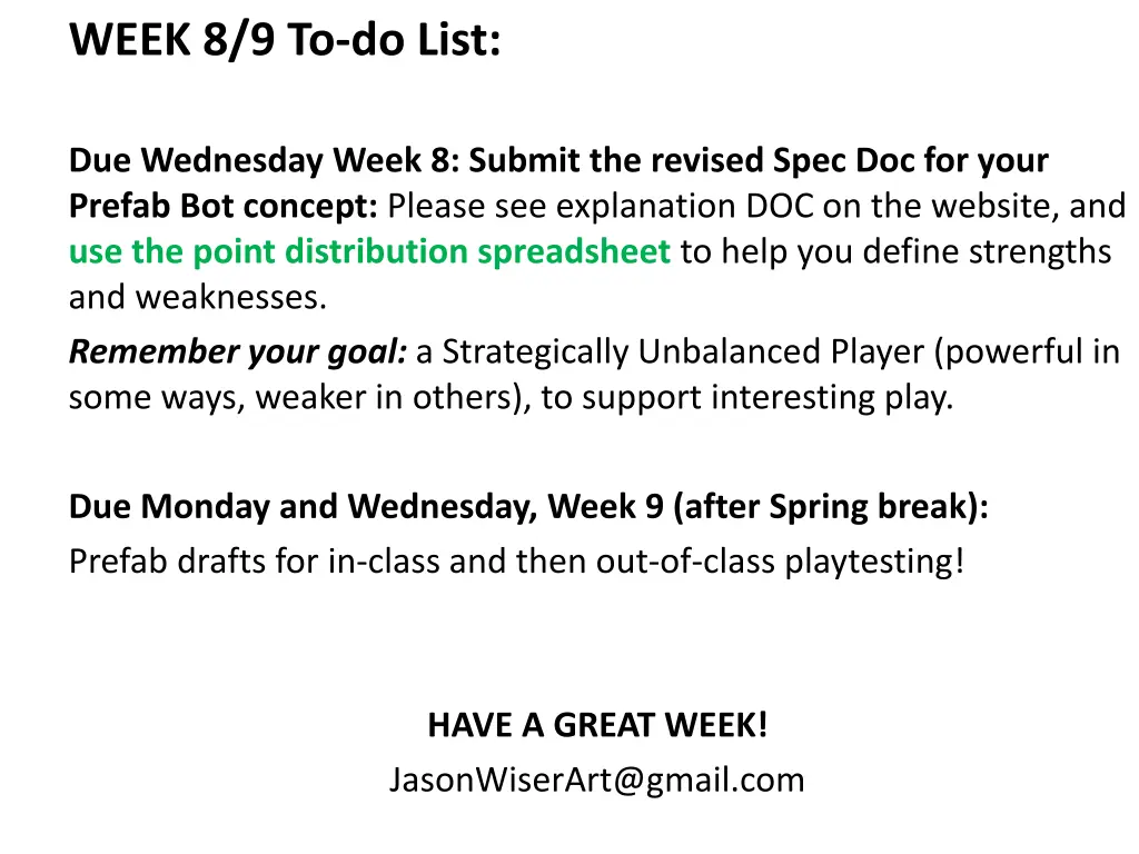 week 8 9 to do list