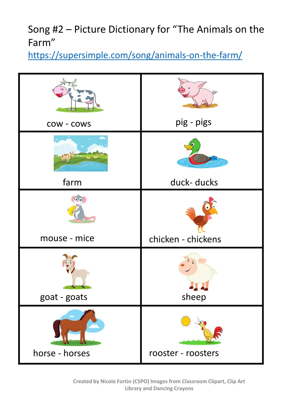 song 2 picture dictionary for the animals